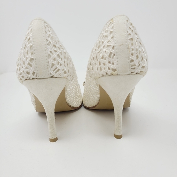 Rouge Helium | White Lace Design Aliyah Peep Toe Wedding Heels (Size 7.5) - Picture 7 of 13